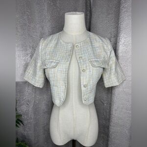 Love Bonito Women’s Short Sleeve Tweed Crop Top in Cream Sz 2
